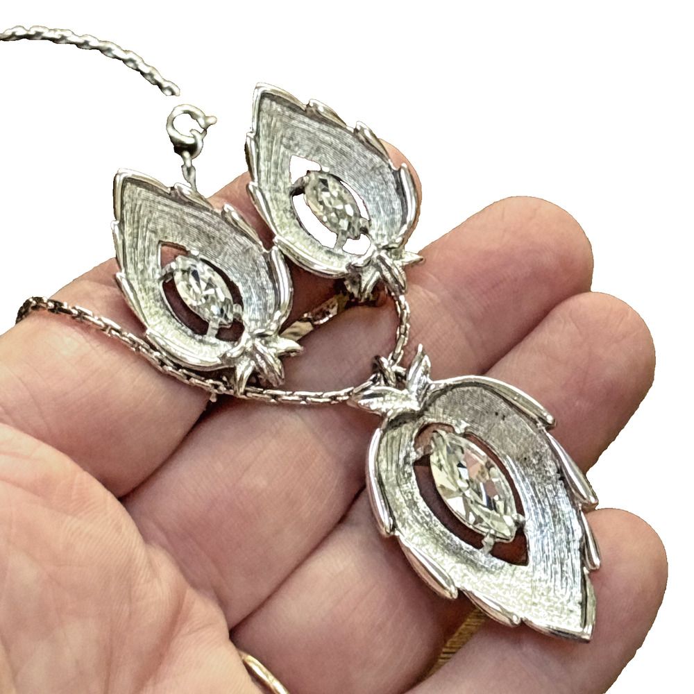 Sarah Coventry Silver & Rhinestone Leaf Jewelry Set Necklace & Clip-On Earrings